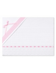 Cradle and pram sheet set with pink lace trim and embroidered Aida panel on white pure cotton fabric
