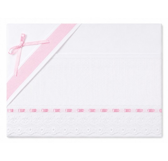 Embroidered cot sheet set with lace and Pink ribbon -...