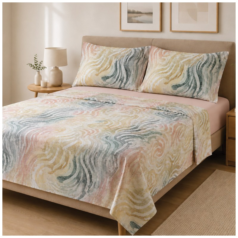 Double percale bed sheet set Mosaico with modern abstract pattern