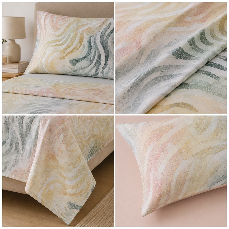 Double bed sheets with mosaic-inspired print in blush and dusty green tones