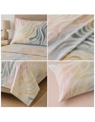 Double bed sheets with mosaic-inspired print in blush and dusty green tones