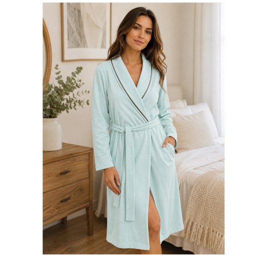 Women’s pure cotton aqua green dressing gown with shawl collar