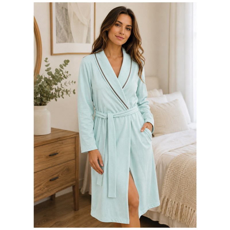 Vestaglia puro cotone donna verde acqua con collo sciallato