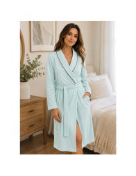Vestaglia puro cotone donna verde acqua con collo sciallato