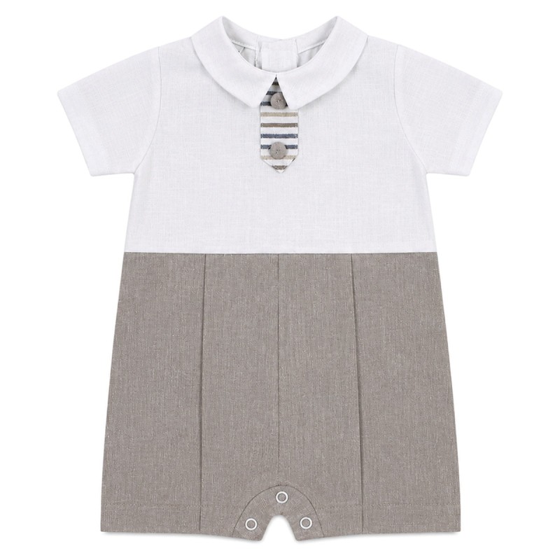 Two-tone baby romper in linen and cotton with rounded collar, short sleeves and covered buttons on a white background.