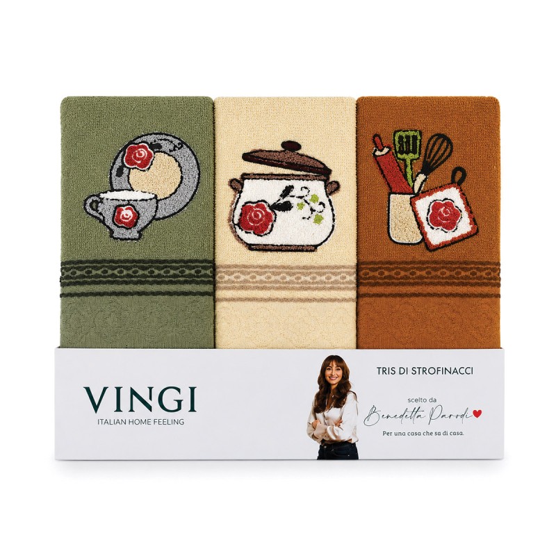 Set strofinacci asciugapiatti ricamati in cotone con dettagli decorativi