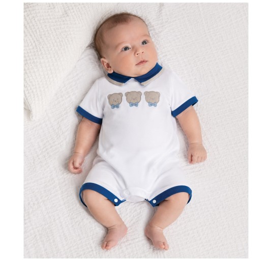 Pure cotton baby romper with embroidered teddy bears and blue collar by Les Jolies 2