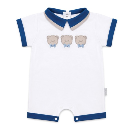 Pagliaccetto neonato in puro cotone con orsetti ricamati e colletto blu Les Jolies