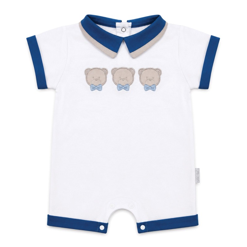 Pure cotton baby romper with embroidered teddy bears and blue collar by Les Jolies