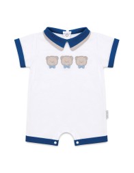 Pure cotton baby romper with embroidered teddy bears and blue collar by Les Jolies