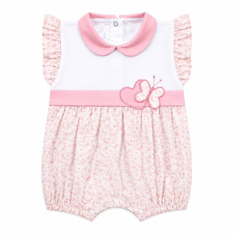 Pure cotton baby girl romper with embroidered butterfly and pink collar by Les Jolies