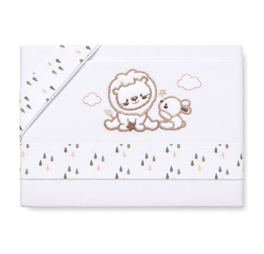 Bruco Bruco cradle and pram sheets set in pure cotton with beige lion and bunny embroidery