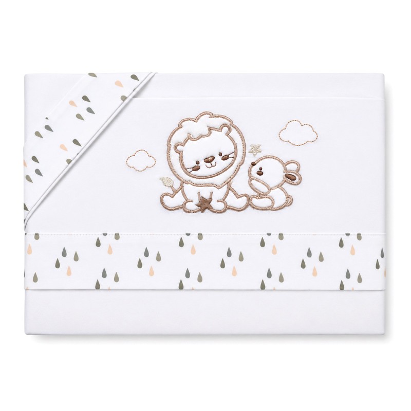 Bruco Bruco cradle and pram sheets set in pure cotton with beige lion and bunny embroidery