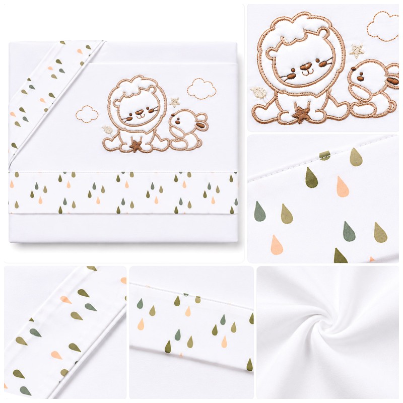 Newborn cradle sheets with lion embroidery and neutral raindrop print