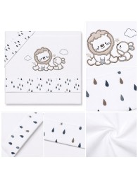 Newborn cradle sheets with lion embroidery and neutral raindrop print