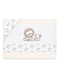 Embroidered newborn sheet set with taupe raindrop pattern and 3-piece cradle bedding set