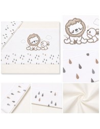 Newborn cradle sheets with lion embroidery and neutral raindrop print
