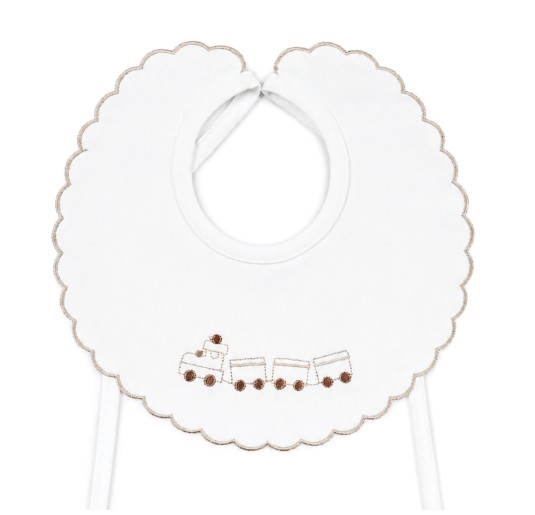 Pure cotton baby bib with embroidered train and scalloped...