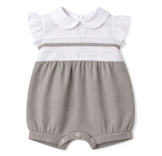 Baby girl linen and cotton romper Klaiadi in cream and taupe