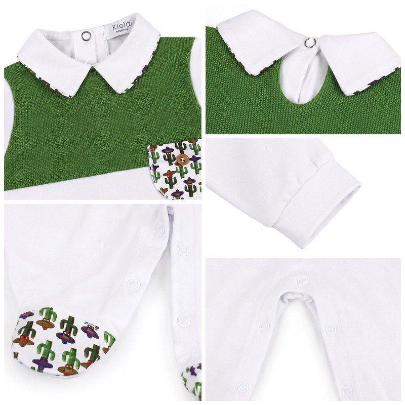 Close-up of cactus pocket and knitted upper section on baby sleepsuit