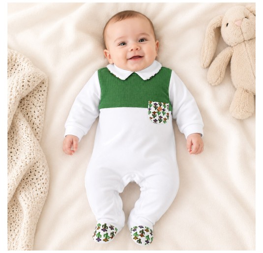 Baby cotton jersey sleepsuit with collar and cactus print by Klaiadì 2