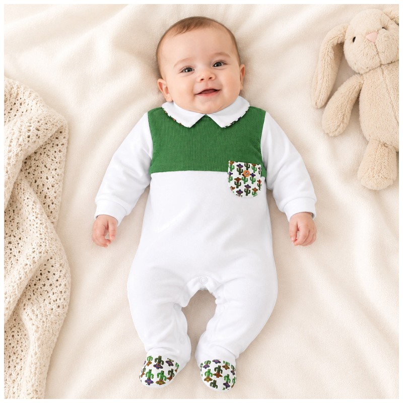White and green baby sleepsuit with matching feet in stretch cotton