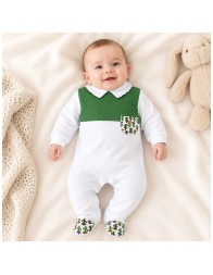 White and green baby sleepsuit with matching feet in stretch cotton