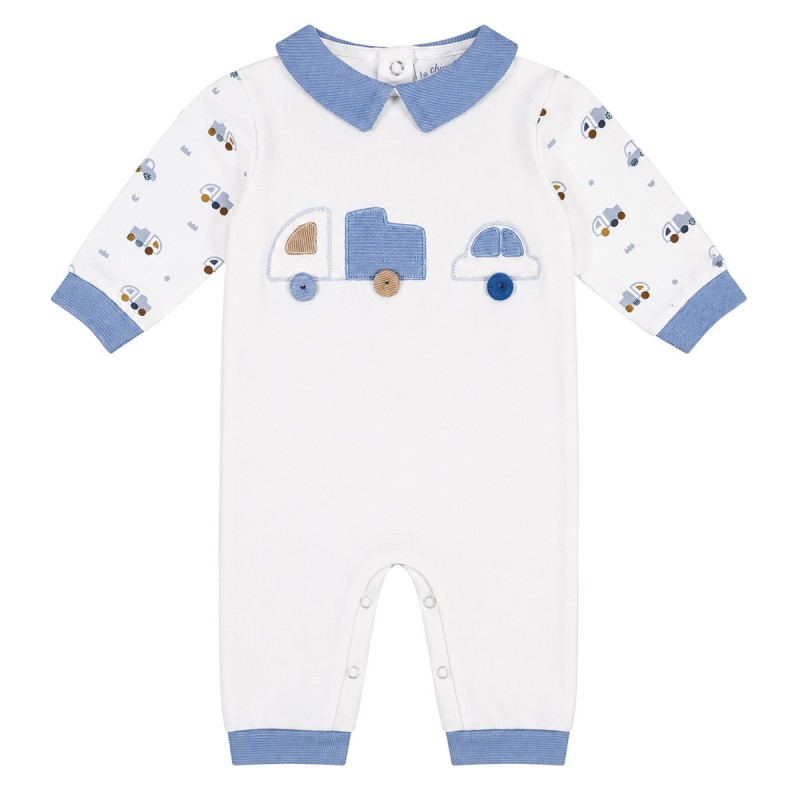 Baby romper in cotton fleece with blue collar and vehicle appliqués