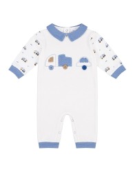 Baby romper in cotton fleece with blue collar and vehicle appliqués