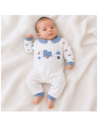 Winter baby romper in cotton fleece with blue chenille collar