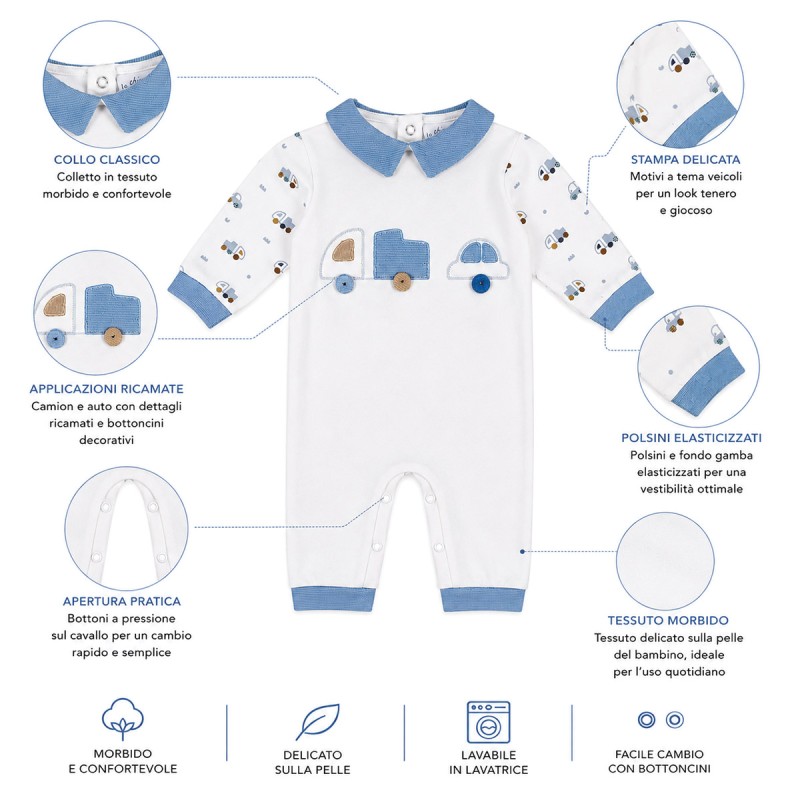 Winter baby romper in cotton fleece with blue chenille collar