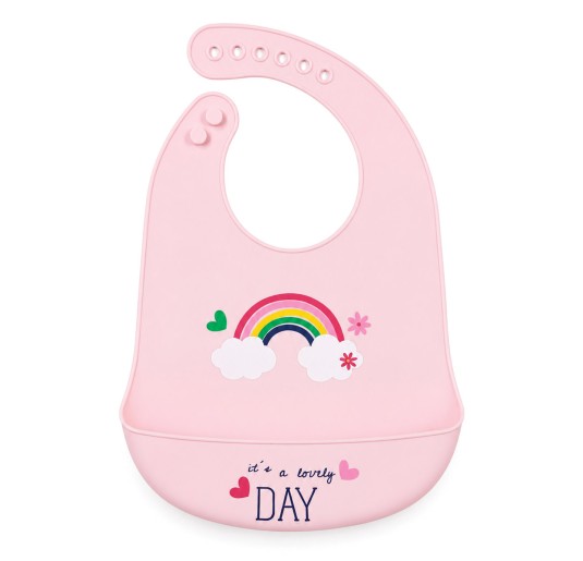 Silicone baby bib with crumb catcher pocket featuring rainbow and cloud design