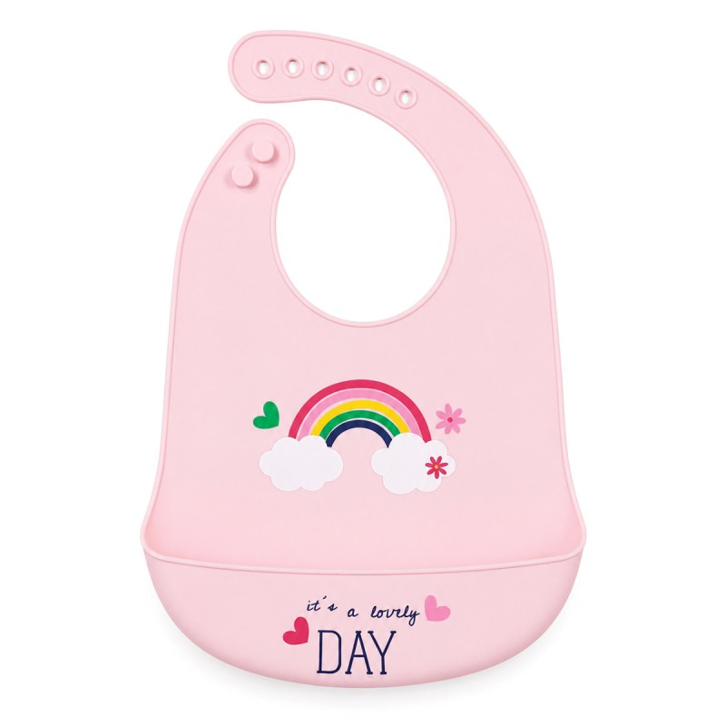 Silicone baby bib with crumb catcher pocket featuring rainbow and cloud design
