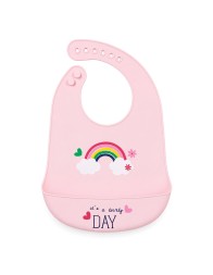 Silicone baby bib with crumb catcher pocket featuring rainbow and cloud design