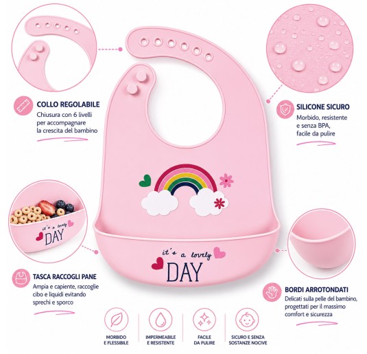 Silicone baby bib with crumb catcher pocket featuring rainbow and cloud design 2