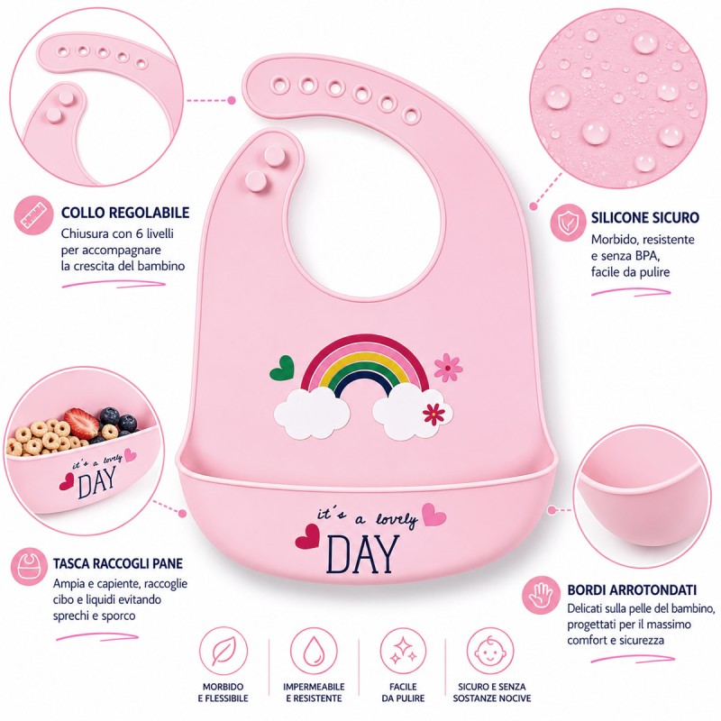 Adjustable silicone baby bib with crumb catcher pocket and It's a Lovely Day print