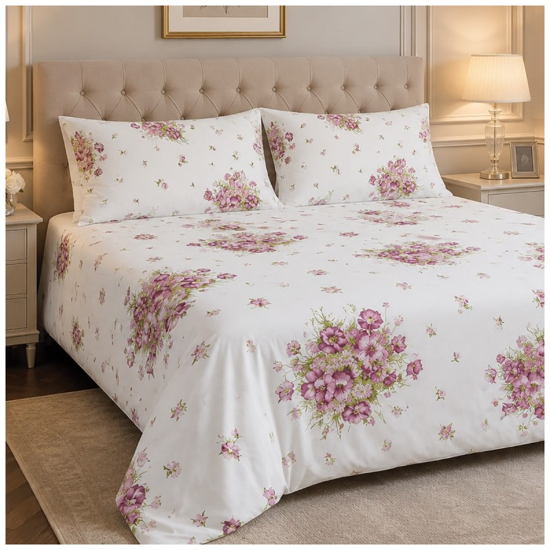 Completo copripiumino matrimoniale in percalle di cotone Geranium Corredo Italiano con fantasia floreale