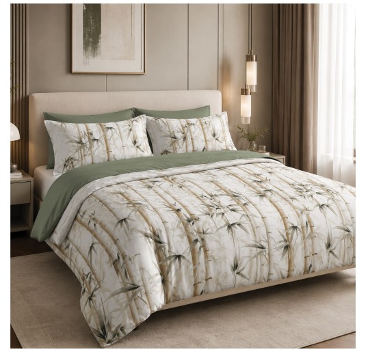 Double pure cotton duvet cover set Winter Bamboo with digital print and matching pillowcases.