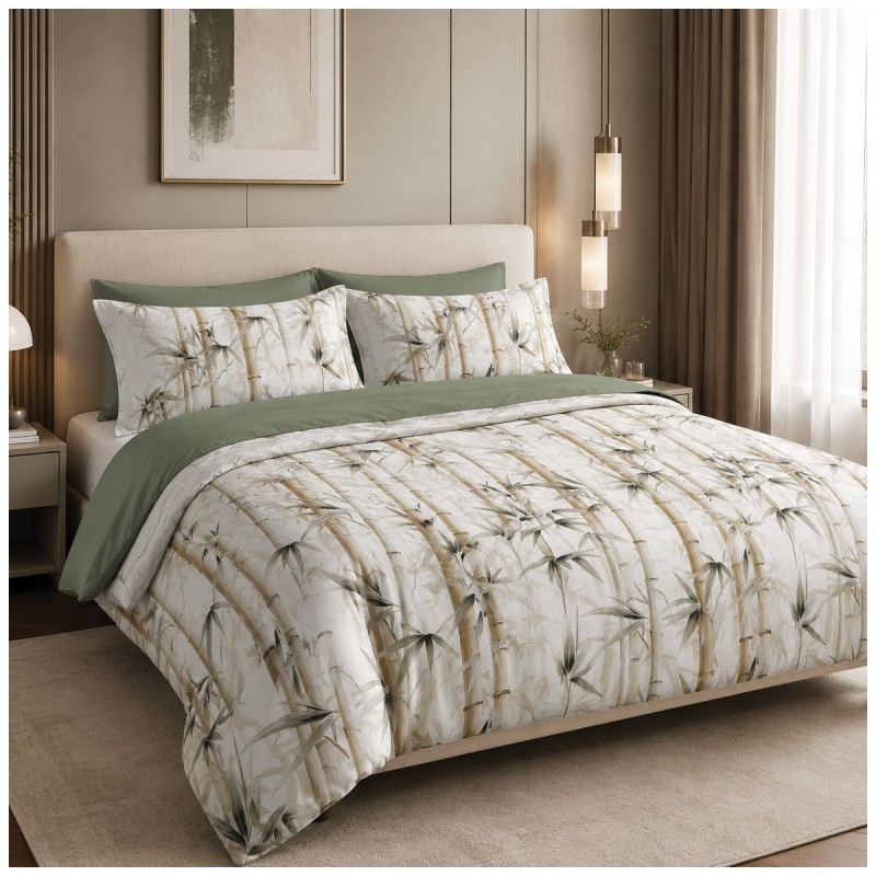 Double pure cotton duvet cover set Winter Bamboo with digital print and matching pillowcases.