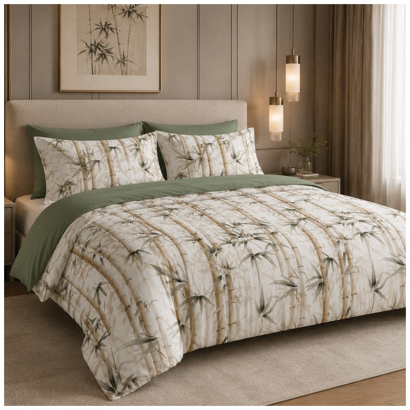 Letto matrimoniale arredato con parure copripiumino Winter Bamboo in puro cotone dallo stile naturale contemporaneo.
