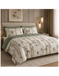 Letto matrimoniale arredato con parure copripiumino Winter Bamboo in puro cotone dallo stile naturale contemporaneo.
