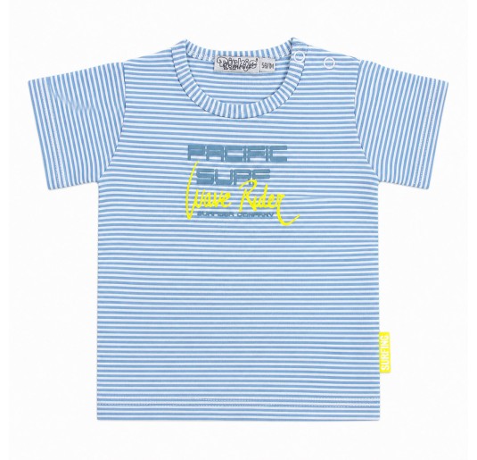 Short sleeve baby T-shirt in stretch cotton jersey by Dirkje with blue stripes and front print.