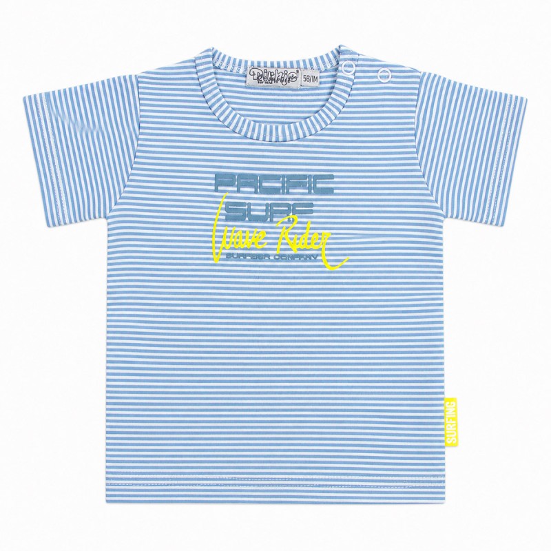 Short sleeve baby T-shirt in stretch cotton jersey by Dirkje with blue stripes and front print.