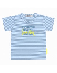 Short sleeve baby T-shirt in stretch cotton jersey by Dirkje with blue stripes and front print.
