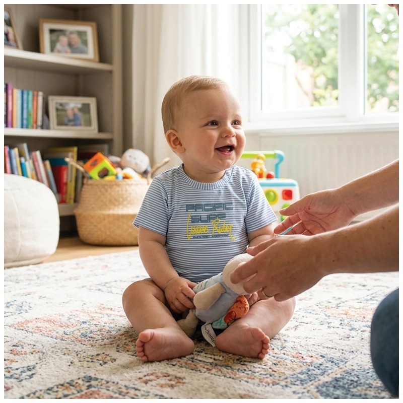 Short sleeve baby T-shirt featuring shoulder button opening and nautical striped cotton jersey fabric.