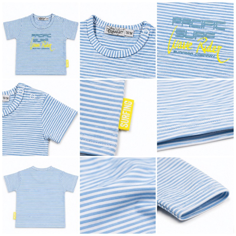 T-shirt neonato mezza manica Dirkje indossabile in primavera ed estate con righe azzurre e stampa centrale.