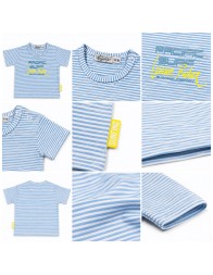 Short sleeve baby T-shirt by Dirkje for spring and summer with blue striped design and front graphic print.