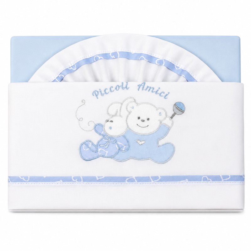 Lenzuola culla neonato in puro cotone con ricamo Piccoli Amici azzurro