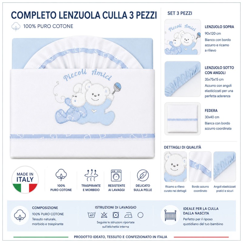 Lenzuola culla neonato Made in Italy con federa e lenzuolo ricamato