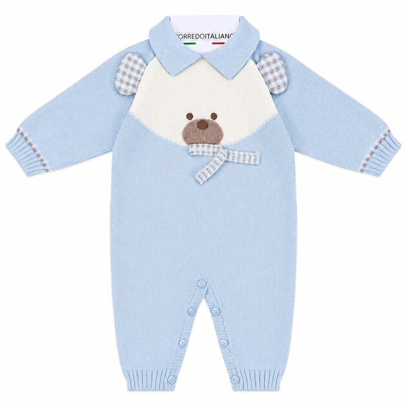 Tutina neonato lana merinos con orsetto Stella e dettagli tartan Made in Italy.